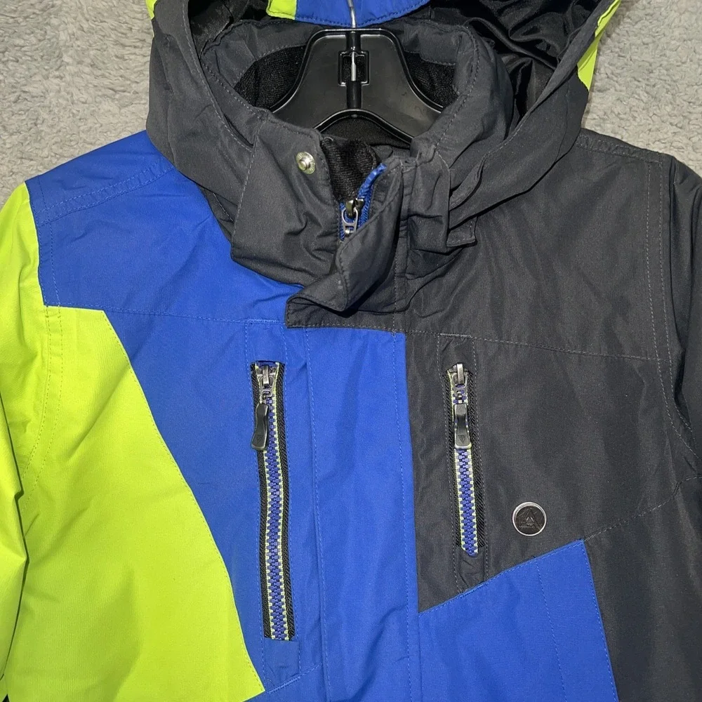 Noize‎ Puffer Jacket Youth Size S Blue Black Green Color Block Hooded Insulated